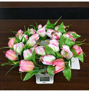Weight measurement of a pink tulip wreath on an electronic scale showing 255.5g