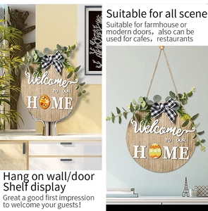 Detail of wooden welcome sign with interchangeable Easter egg icons and greenery