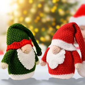 Knitted Christmas gnomes set with red and green hats and white beards on festive background