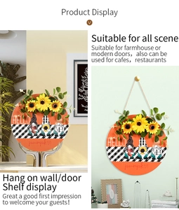 Détail de la plaque de porte ronde en bois Hello Pumpkin avec motifs nains et tournesols