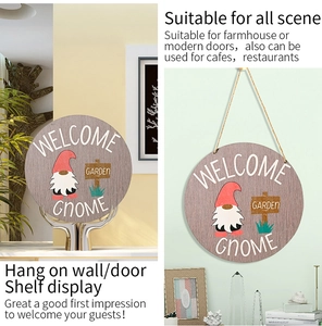 Detail showing the wooden Welcome Gnome sign hanging on a wall and on a metal stand