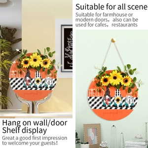 Plaque de porte tournesol gnome avec motif à carreaux et texte Hello Pumpkin
