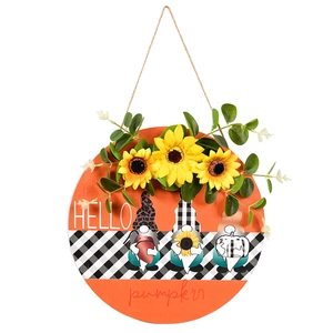 Panneau de porte en bois gnome avec tournesol et motif à carreaux, décor mural d'automne