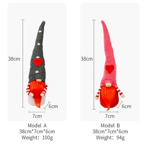 Detailed size specifications for red and grey knitted heart gnomes with long orange beards