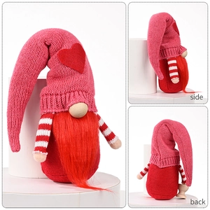 Three-sided view of a knitted heart gnome doll showing the front, side and back details