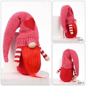 Knitted Valentine gnome doll holding red heart, multi-angle view with pink hat and plush beard
