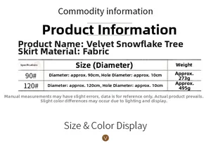 Detailed size specifications for grey jacquard snowflake Christmas tree skirt in 90cm and 120cm