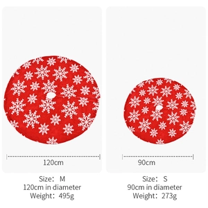 Size comparison chart for red Christmas tree skirts with white snowflake patterns