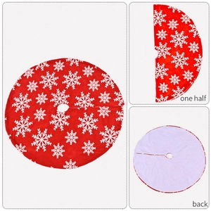 Detailed views showing the front, back, and folded red plush Christmas tree skirt with snowflakes
