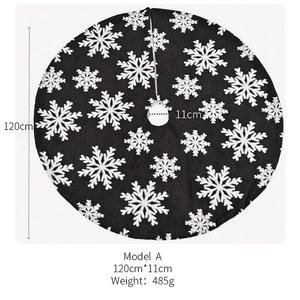 Detailed view of 120cm grey Christmas tree skirt with white snowflake patterns and dimensions