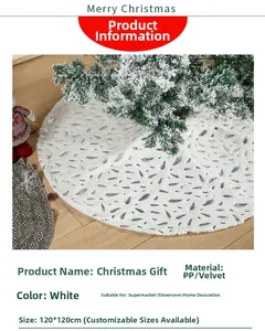 Detailed view of 120cm white faux fur Christmas tree skirt with silver feather pattern