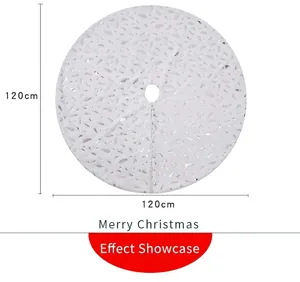 Detail view of 120cm white plush Christmas tree skirt with silver feather patterns