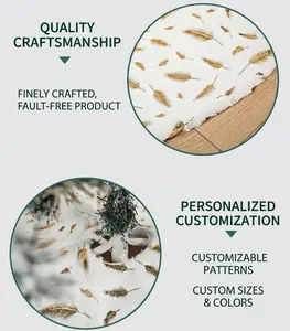 Close-up of white plush Christmas tree skirt with gold feather foil print on soft faux fur