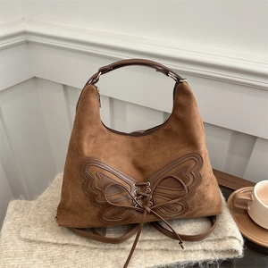 Sac Fourre-tout Vintage en Suède Synthétique Femme Grande Capacité Papillon Nœud Sac Bandoulière Rétro Hobo pour Travail