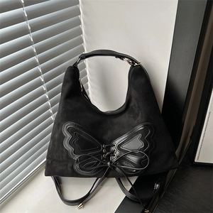 Sac hobo noir en simili daim avec détail de nœud papillon décoratif et grande capacité