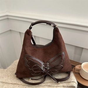 Sac hobo rétro en daim marron avec broderie nœud papillon et bandoulière amovible