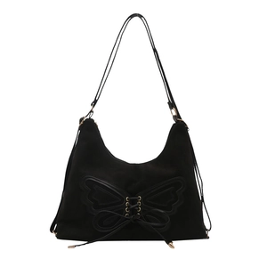 Sac hobo rétro en daim noir avec nœud papillon et design de laçage corset