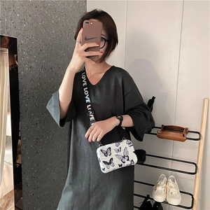 Mini suitcase crossbody bag with butterfly print and black LOVE wide strap for women