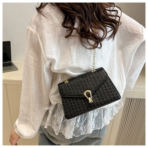 Close-up of black woven chain bag with gold metal clasp and elegant strap detail
