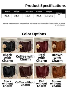 Size chart and dimensions for large PU leather tote bag with handle measurement details