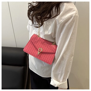 Pink woven crossbody bag with gold chain strap and stylish metal clasp on a white shirt