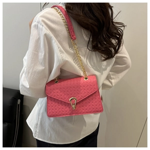 Détail du sac bandoulière fuchsia avec boucle en U dorée et bandoulière chaîne