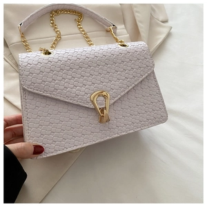 Close-up of pink woven crossbody bag with gold droplet clasp and chain strap detail