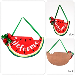 Detailed multi-angle views of a wooden watermelon welcome sign with bow and wood back