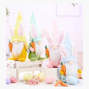 Detailed close-up of four Easter gnomes with bunny ears and carrots in pastel colors