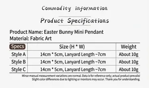 Size chart for Easter rabbit mini fabric pendants showing 14cm x 5cm dimensions