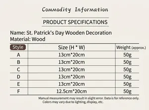 Detailed size chart for St. Patrick's Day wooden ornaments with dimensions and weights