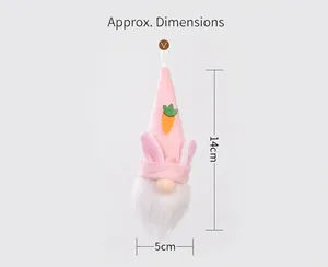 Detailed size display of a 14cm pink Easter gnome plush with bunny ears and carrot