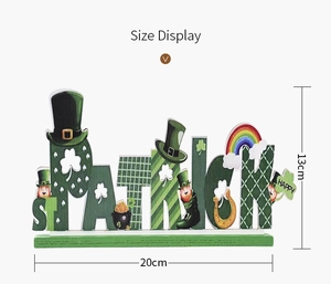 Size display of St. Patrick's Day wooden decor with shamrock and leprechaun motifs