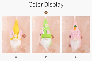 Detailed view of colorful Easter gnomes with rabbit ears and hanging strings