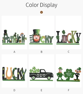 Detailed view of six St. Patrick's Day wooden table decorations with lucky clover motifs