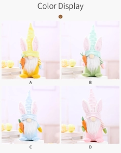 Detailed color display of Easter gnomes plush with bunny ears and orange carrots
