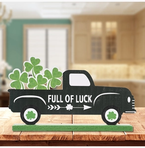 St. Patrick's Day black wooden truck decoration with green clover and Full of Luck text