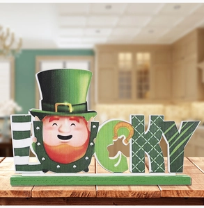 Detailed wood Lucky sign with Leprechaun and shamrock for St. Patrick's Day desk decor