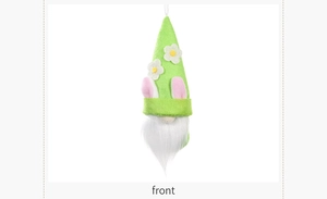 Front detail of Easter gnome hanging ornament with green hat, bunny ears and white beard