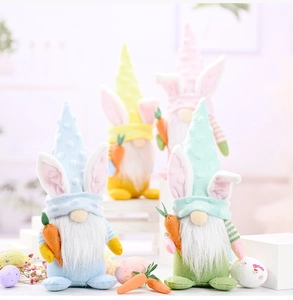 Close-up of Easter gnomes with rabbit ears, plush textures, and carrot decorations