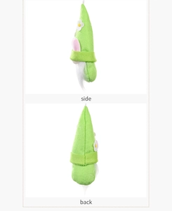 Side and back view of green Easter gnome plush with bunny ears and daisy decoration