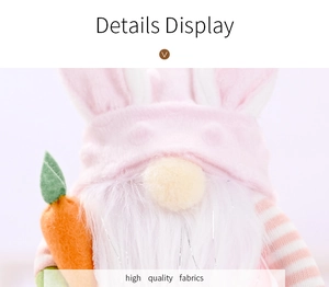 Detail of Easter gnome featuring plush bunny ears, pink polka dot hat, and a soft carrot
