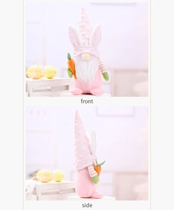 Front and side views of Easter gnome plush with bunny ears and orange carrot decoration