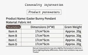 Detailed size chart for Easter rabbit faceless gnome pendants with fabric material specifications