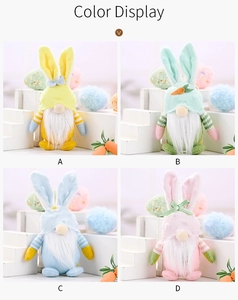 Detailed grid view of four colorful plush Easter gnomes with bunny ears and carrots