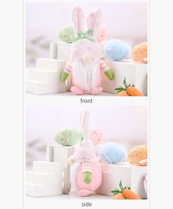 Front and side view of a pink Easter gnome with bunny ears and white beard decorations