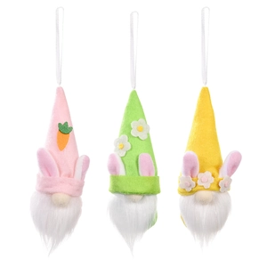 Three colorful Easter gnome plush pendants with bunny ears and carrots on white background