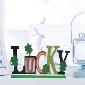 LUCKY wooden tabletop ornament with shamrock and rainbow for St. Patrick's Day decor