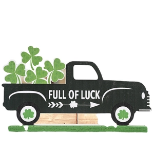 St. Patrick's Day wooden truck decoration with green shamrocks and Full of Luck text