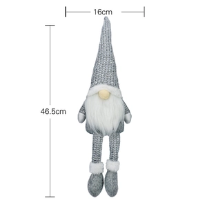 Close-up of gray knitted Christmas gnome showing size dimensions 46.5cm height and 16cm width